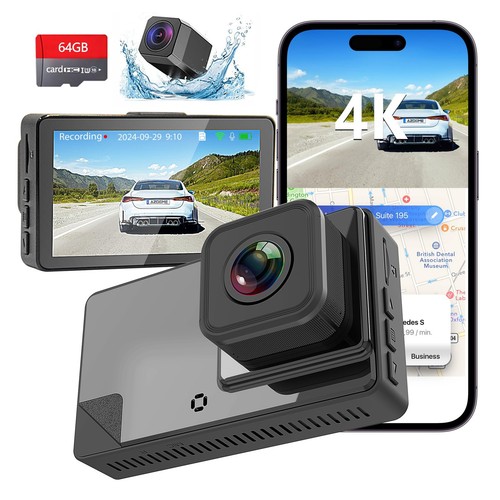 4K Dash Cam Front and Rear, 2160P+1080P UHD Dual Camera for Cars, Free 64GB C...