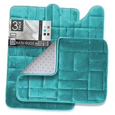  Bathroom Rugs, Velvet Memory Foam Bath Mat, Tiled Design Teal Blue 3 Piece Set