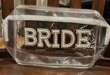 Bride Clear Makeup Bag Assessories Phone Key Wedding Day Gold Trim Pearl Letters