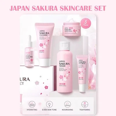 LAIKOU 3/5 Piece Sakura Skin Care Set – Serum, Toner, Cleanser, Sunscreen, Face Cream