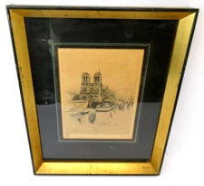 Antique Signed Fred Hewey Etching – Notre Dame Paris Scene SZL Trademark Art