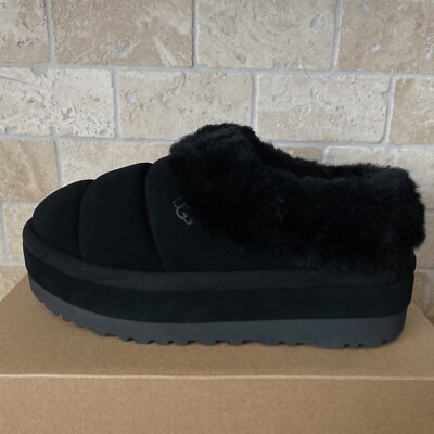 UGG TAZZLITA BLACK SUEDE SHEARLING LINED PLATFROM SLIPPERS SIZE US