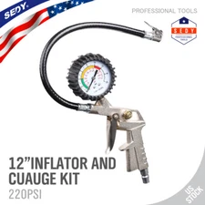 Dial Tire Inflator Gauge Flexible Hose 220 PSI Pistol Style Air Chuck Pneumatic