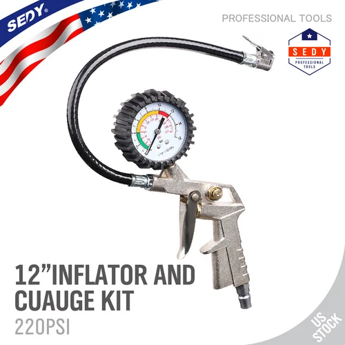 Dial Tire Inflator Gauge Flexible Hose 220 PSI Pistol Style Air Chuck Pneumatic