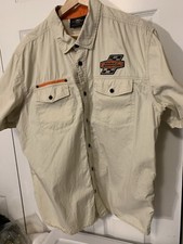 Vtg Harley Davidson Mens Sz XL Button Down Shop Work Mechanic Shirt Tan Orange