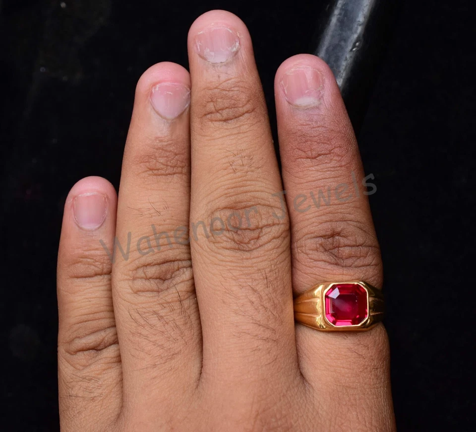 Natural Red Ruby Asscher 925 Sterling Silver Ring Vintage Look For Men Certified - Image 3 of 4