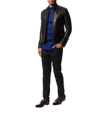 Men Biker Bomber Genuine Lambskin Black Slim Fit Leather Jacket XS-2XL FB142