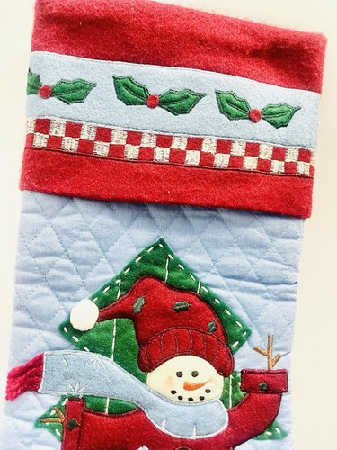 Appliqued & Stitched Quilted Snowman Christmas Stocking - Large Silk Lining - Picture 6 of 10