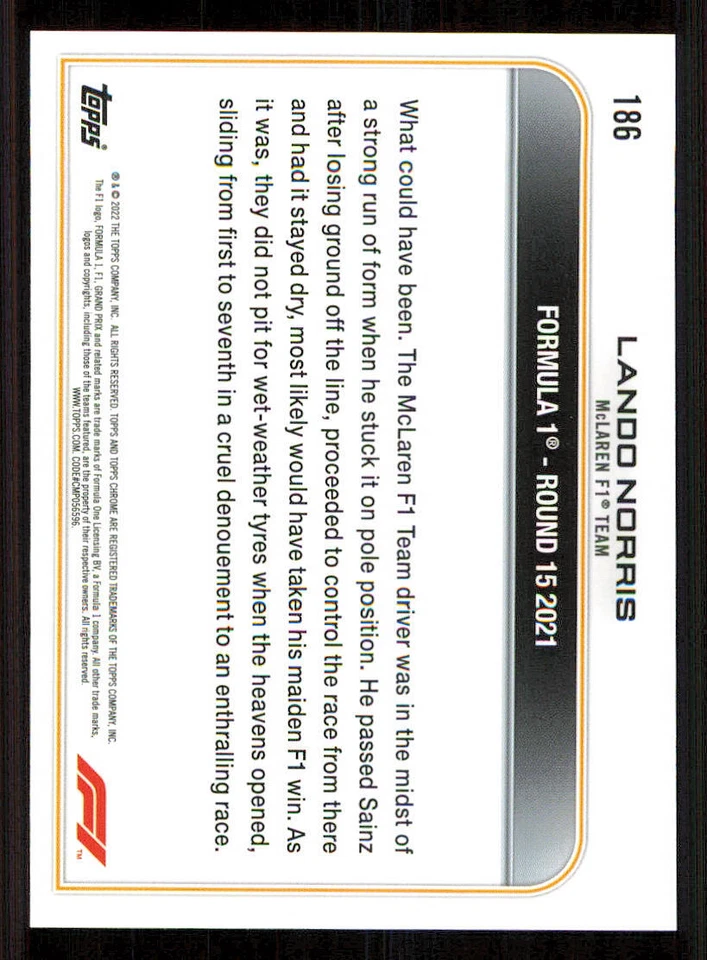 2022 Topps Chrome Formula 1 #186 Lando Norris DOD - Image 2 of 2