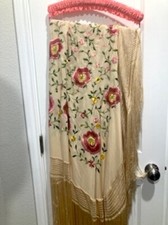 Vintage 1920 cream Floral embroidered Piano scarf 56"x56" with 15" fringe