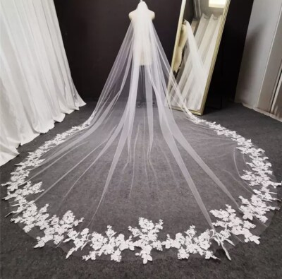 Braut Kathedrale 300 cm breiter Schleier weiß 1T Luxus Blumen Spitzenrand weicher Tüll