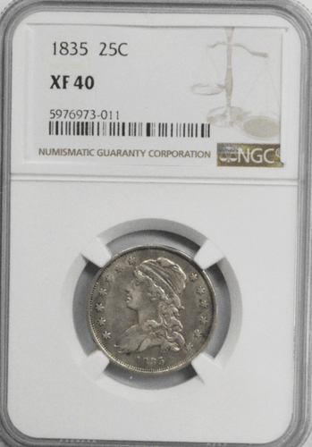 1835 25c gedeckte Büste Silber Vierteldollar NGC XF40 Philadelphia - Bild 1 von 2