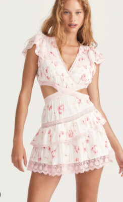 LoveShackFancy Audrina Cutout Pretty Pink Florals Ruffled Mini Dress L |  eBay