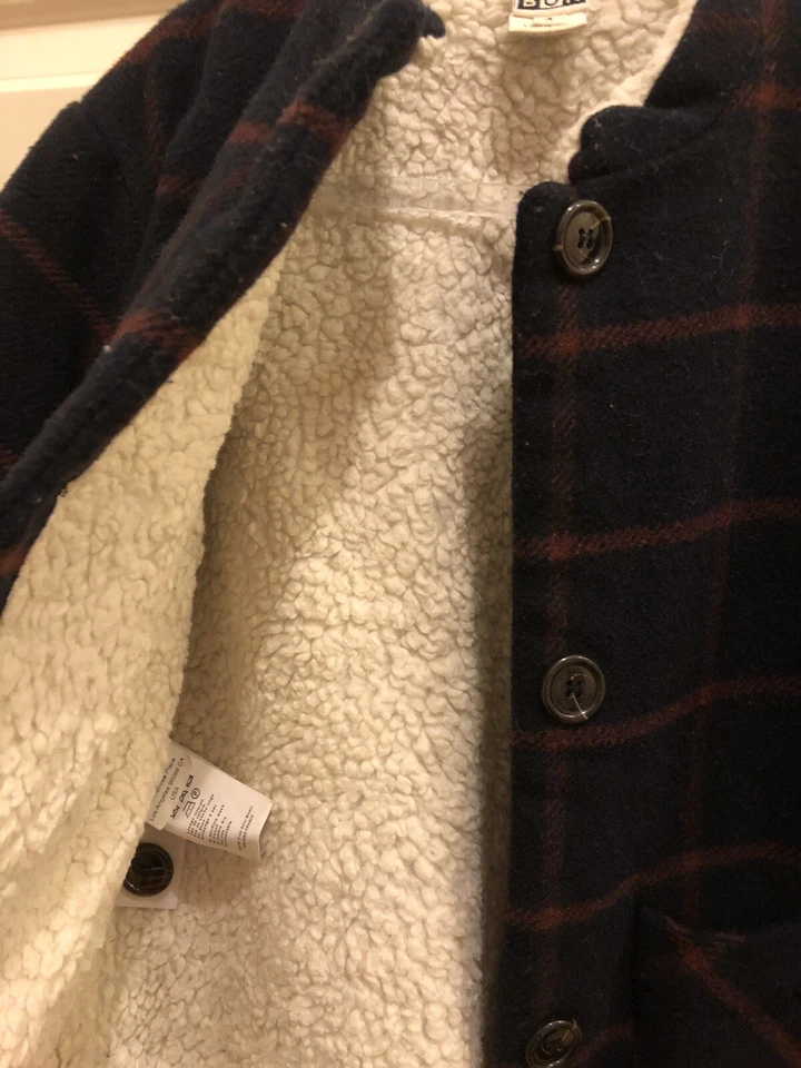 Bon Bon Navy And Burgundy Plaid Fleece Lined Coat Size 4 Bonpoint Style Unisex - Image 3 of 4
