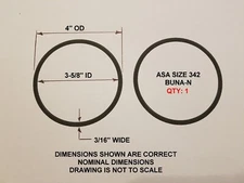 O-ring Size 342, 3-5/8" ID x 4" OD x 3/16" thick. Buna-N.   Qty 1. Brand New.