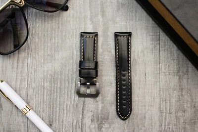 Pour Officine Panerai Luminor Marina 24mm Noir Verni Bracelet Montre Cuir Bande - Photo 1/4