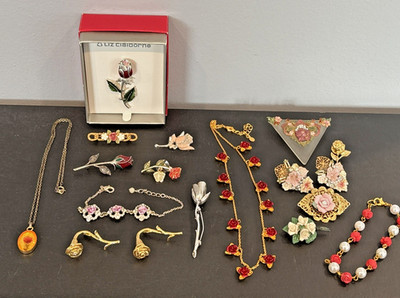Lot Rose Pins Necklaces Liz Claiborne EBJ V Evers NRT 1 Sterling Marcasite 925