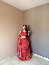 Women's Pure Organza Floral Printed Lehenga Choli Set Sleeveless Padded Blouse
