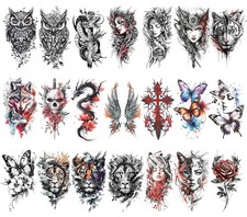 21-Sheet Temporary Tattoos - Half Arm Fake Tattoos for Men Women - Owl, Snake,