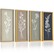 Wooden Framed Floral Boho Wall Art Set of 4 Rustic Minimalist Botanical 16”x7...