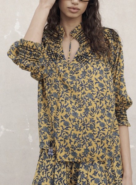 ZARA Yellow Floral Printed Smocked Blouse Shirt Size S