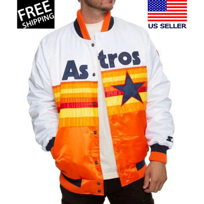 Houston Astros Full-Snap White & Orange Satin Men's Varsity Bomber Jacket