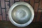 antique primitive large hallmarked pewter bowl w/ letters P K on lip 13 inch dia — photo 1