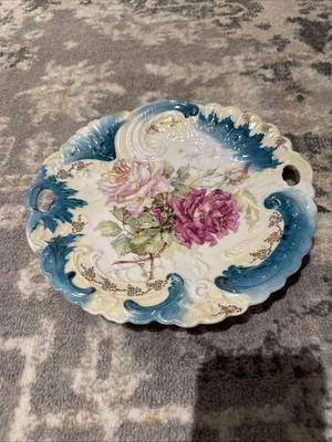 Antique Weiman Porcelain Cake Plate Rose Floral Handles 10  Open Handled