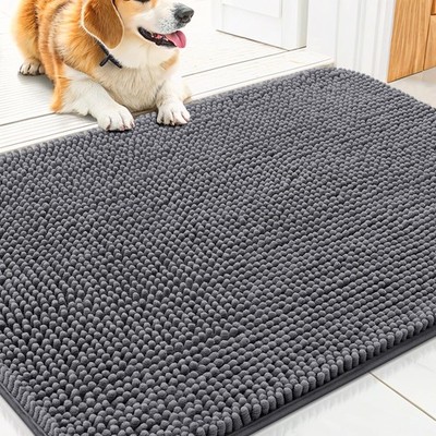 Smiry Dog Door Mat 30x20  Absorbent NonSlip Washable Chenille, Dark Gray
