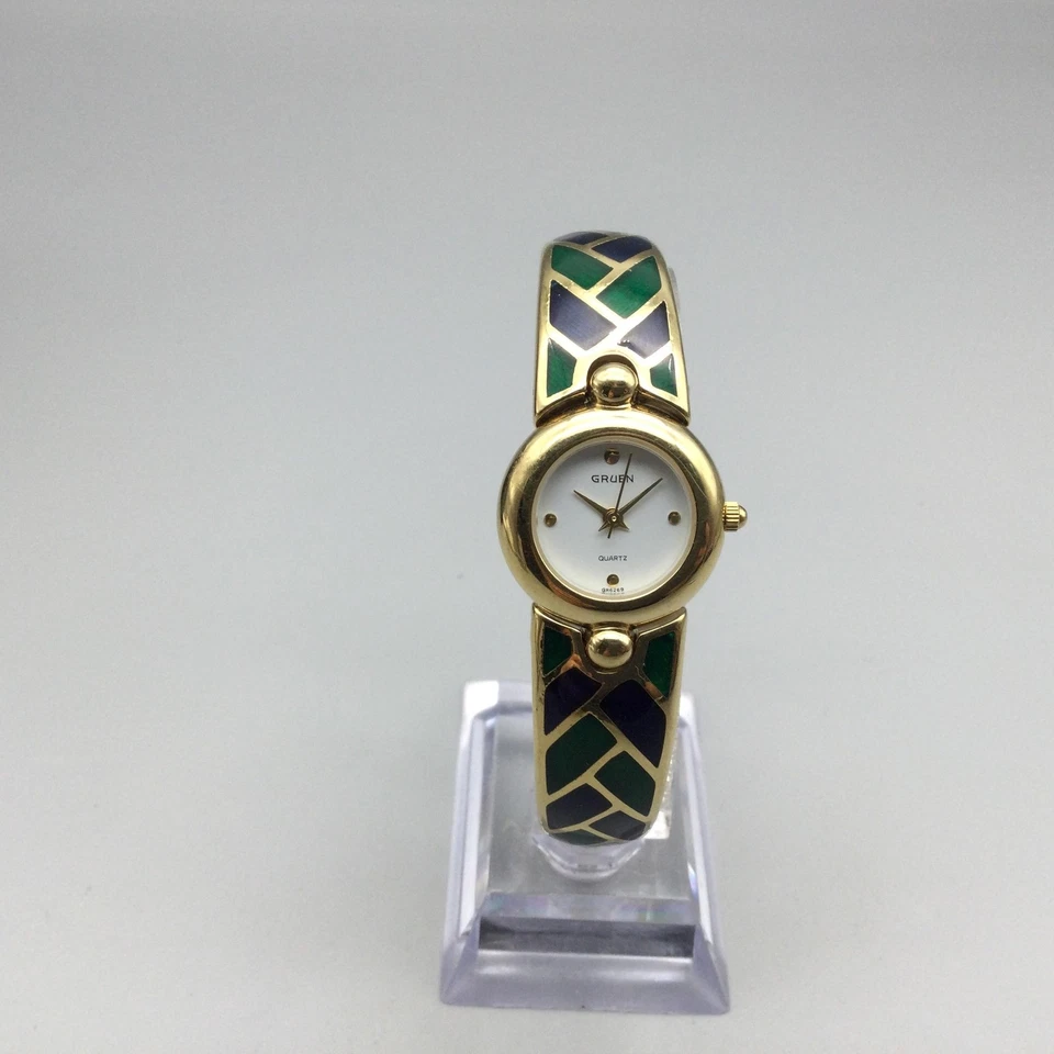 Reloj Brazalete Mujer Gruen 22mm Tono Dorado Verde Azul Esmalte Batería Nueva 7" Foto 2 de 4