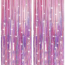 2 Pack Laser Pink Foil Fringe Party Backdrop Curtains 3 Point 3x8 Point 2 Ft
