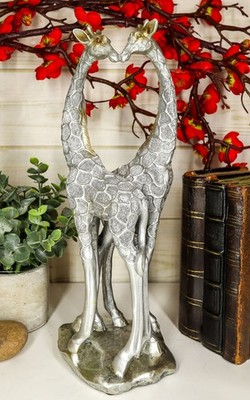 Large Silver Giraffe Heart Lovers Couple Statue 12.5''H Safari Savannah Giraffes
