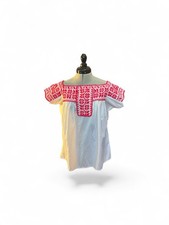 Vintage 1970s Mexican Embroidered Huipil Blouse Red White Cotton Folk Top M/L