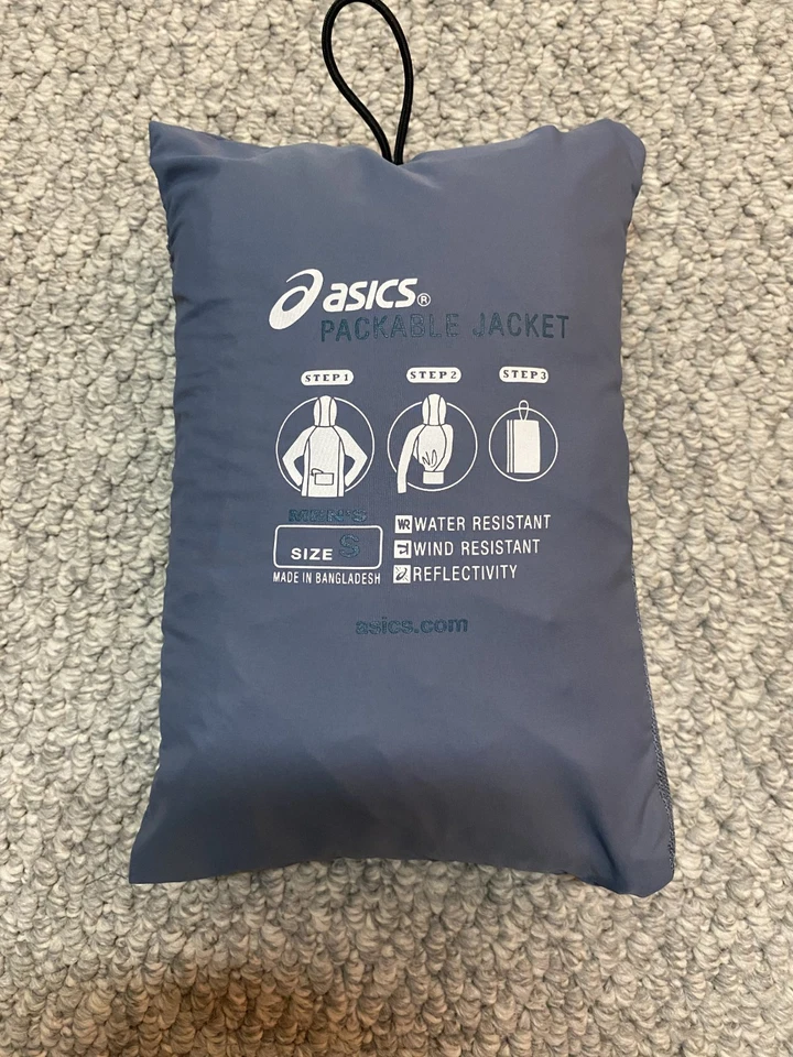 Chaqueta Asics Para Hombre Pequeña Azul Con Capucha Correr Ultraligera Resistente al Agua Golf Foto 3 de 4