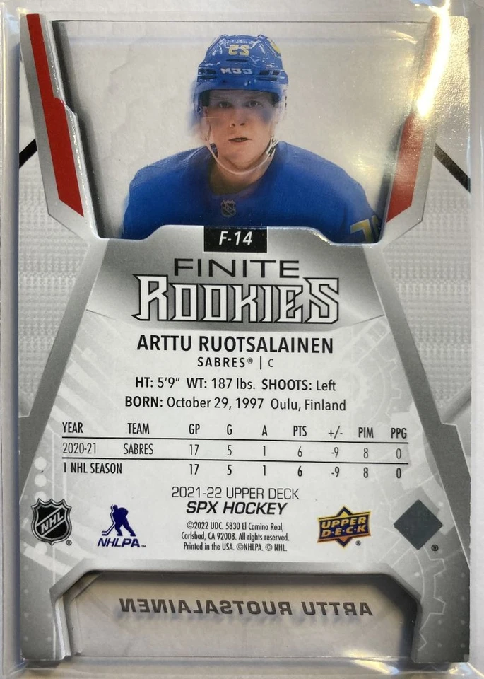 2021-22 SPx Finite Rookies #F-14 Arttu Ruotsalainen RC 201/399 - Image 2 of 2