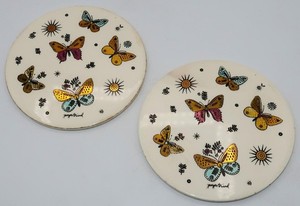 Vintage Georges Briard MCM Ceramic Butterfly White Trivet Hot Plate, 6" SET OF 2