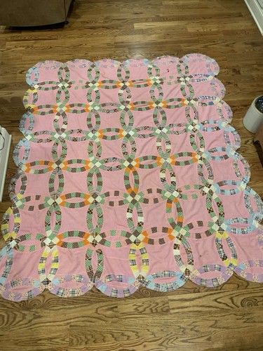Vintage Double Wedding Ring Quilt TOP - Cutter 86”x 73” Hand Stitched *Read*