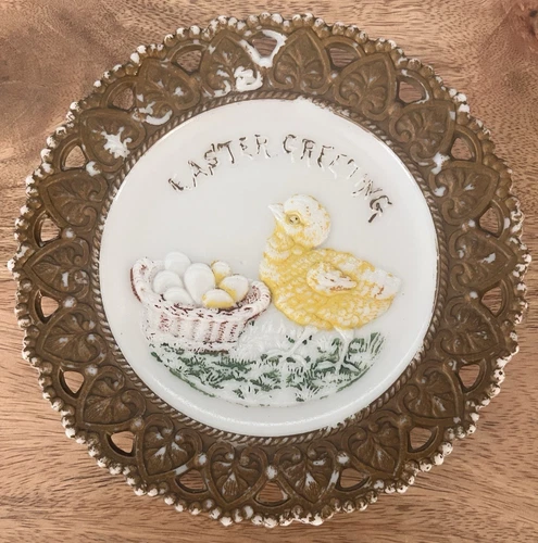 Antique Dithridge Milk Glass Happy Easter Chick  Eggs Plate Reticulated Edge