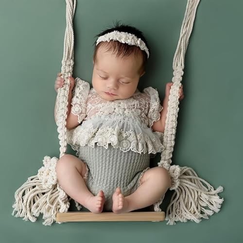 Balançoire pour bébé nouveau-né artisanale en bois noble et tissu beige