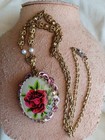 VINTAGE WEST GERMANY PINK RHINESTONE ENAMEL FAUX PEARL ROSE  FLORAL NECKLACE SET — photo 7