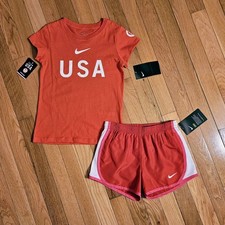 NEW Nike Little Girl USA Cotton Tee Dri-fit Short Set, Red 6X