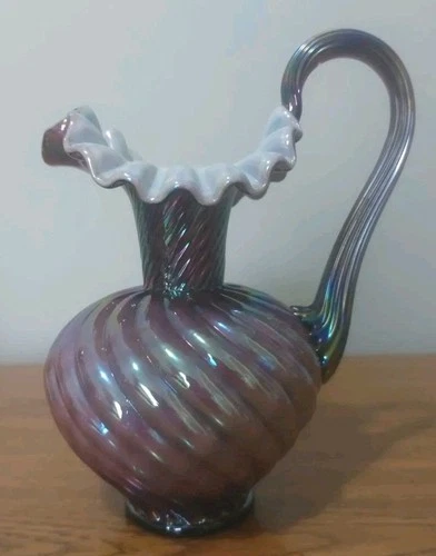 Fenton Sweetbriar Iridized Plum Overlay Spiral Swirl Optic Pitcher EC