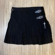 Kilt  Celtic Cross Kilt Pin Mens 46 Black Pleated Wool Blend Buckle Wrap Frayed