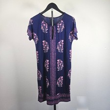 Lucky Brand T-Shirt Dress Women XS Navy Pink Floral Boho Shift Keyhole Neck