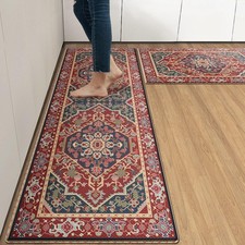 Boho Anti-Fatigue Kitchen Rug Set of 2 Ethnic Red Cushioned Floor Standing Ma...
