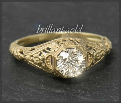 Brillant Antik Jugendstil Design Ring, 0,78ct zart champagner Diamant, 585 Gold - Bild 1 von 4