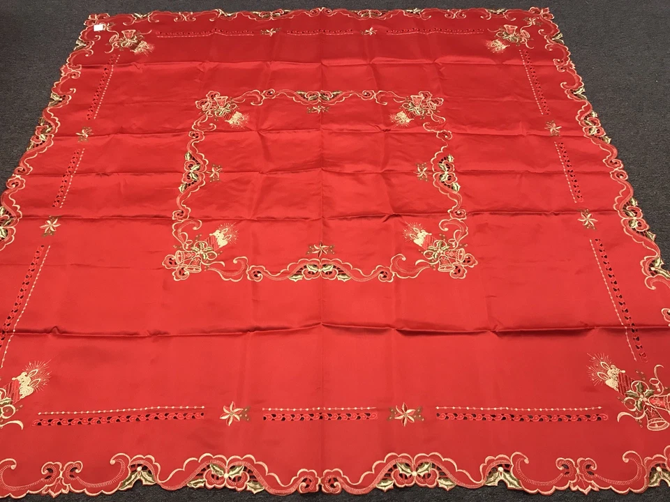 88" Square Red Christmas Holiday Candle Embroidery Tablecloth Elegantlinen - Image 3 of 4