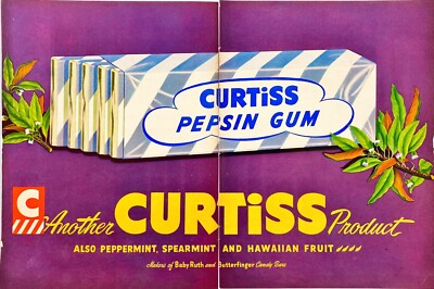 Curtiss Pepsin Gum Hawaiian Fruit Available Purple Two-Page Vtg Mag Print Ad