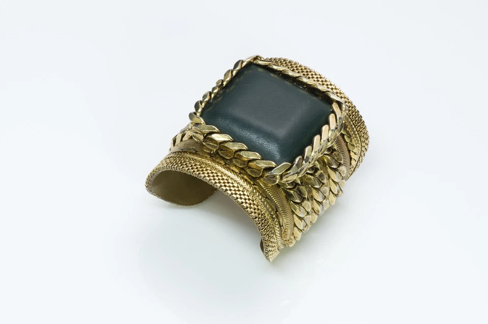 Vintage Metal Chain Leather Cuff Bracelet - Image 2 of 4