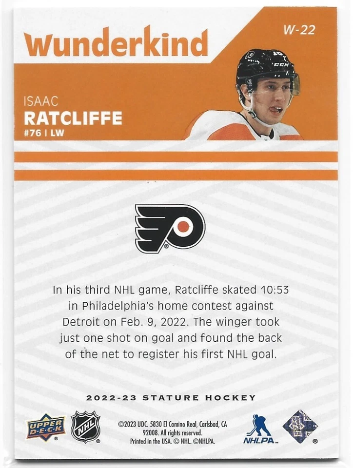 2022-23 Upper Deck Stature Isaac Ratcliffe Wunderkind Orange Rookie #W22 34/35 - Image 2 of 2